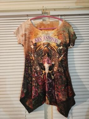 San Antonio Floral Skull Handkerchief-Hem Tunic - Brown/Multi
